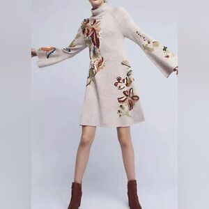 Anthropologie Knitted & Knotted Embroidered Petals Sweater Dress Size Medium